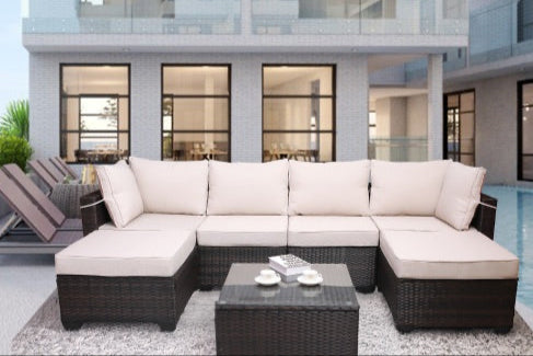 Outdoor Garden Patio Furniture 7Piece PE Rattan Wicker Cushioned Sofa Sets And Coffee Table, Patio Furniture Setoutdoor Couchoutdoor Couch Patio Furnitureoutdoor Sofapatio Couch